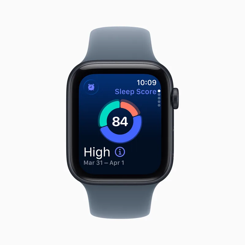 Apple Watch SE 3, Mitternacht Gehäuse, Blaugraues glattes Armband