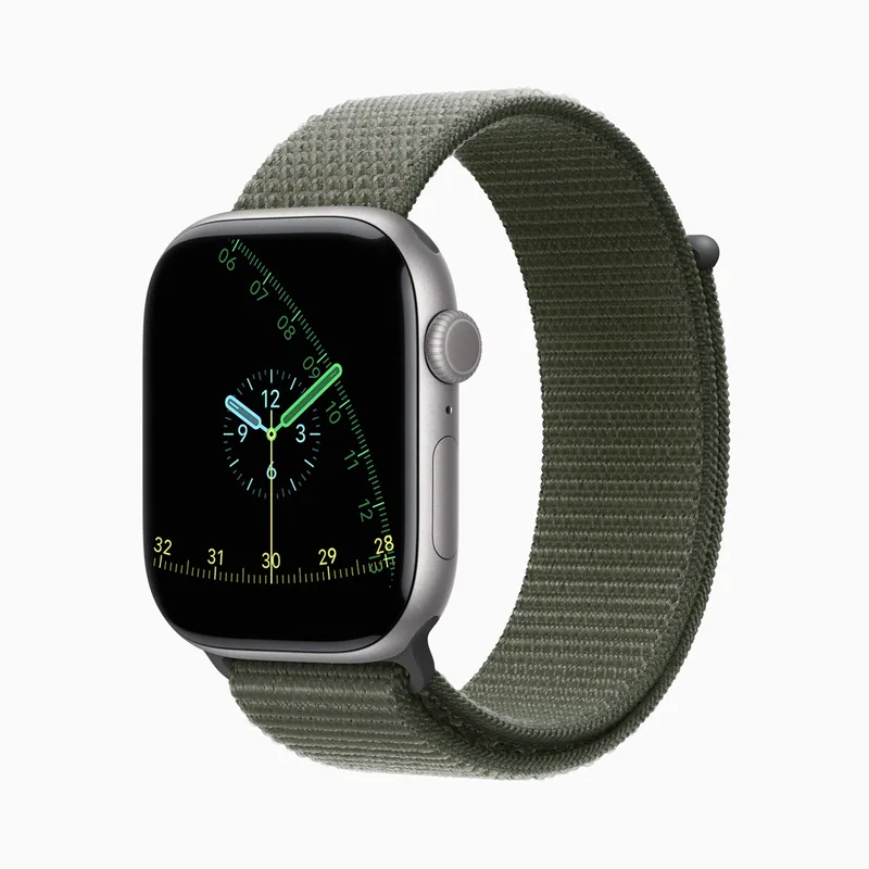 Apple Watch Series 11, Space Grau Gehäuse, Grüne Textilschlaufe