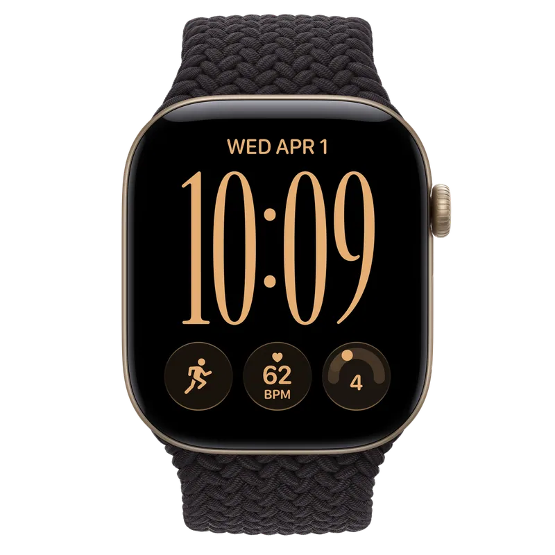 Apple Watch Series 12 46mm, Helles Gold Gehäuse, Schwarzes Braided Solo Loop