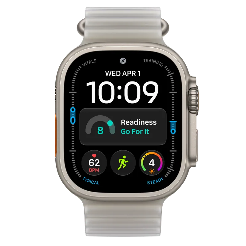 Apple Watch Ultra 4 49mm, Natur Gehäuse, Transparentgraues Ocean Band