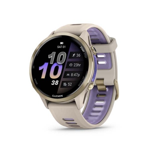 Forerunner 970, Soft Gold Titanium with French Gray Case and French Gray/Translucent Indigo Band