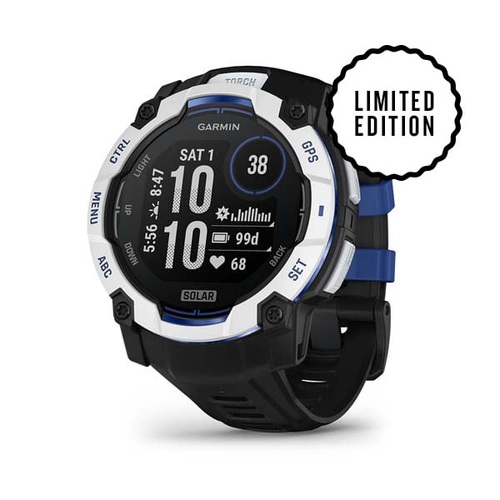 Instinct 3 – 50 mm, Solar, Whitestone with Black/Bolt Blue Band