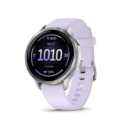 Venu 4 – 41 mm, Silver with Periwinkle Silicone Band